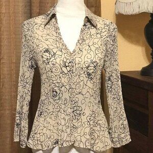 Allison Taylor Accordion Blouse Taupe Black Print Size S